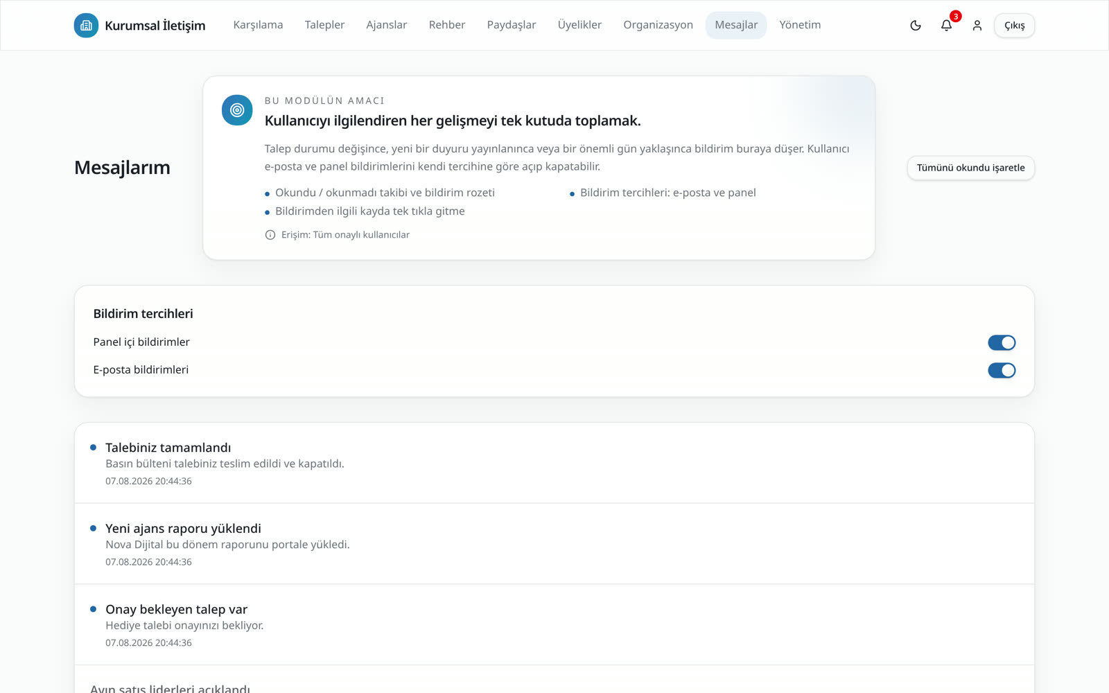 Mesajlarım ve Bildirimler ekran görüntüsü